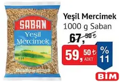 SABAN YEŞİL MERCİMEK 1000 G fiyat ve kampanya bilgisi